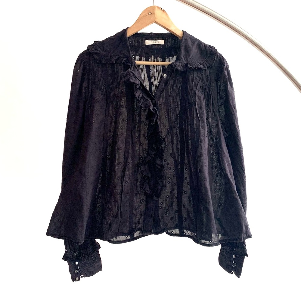Oddly Elegant Black Ruffle Button-Front Blouse
